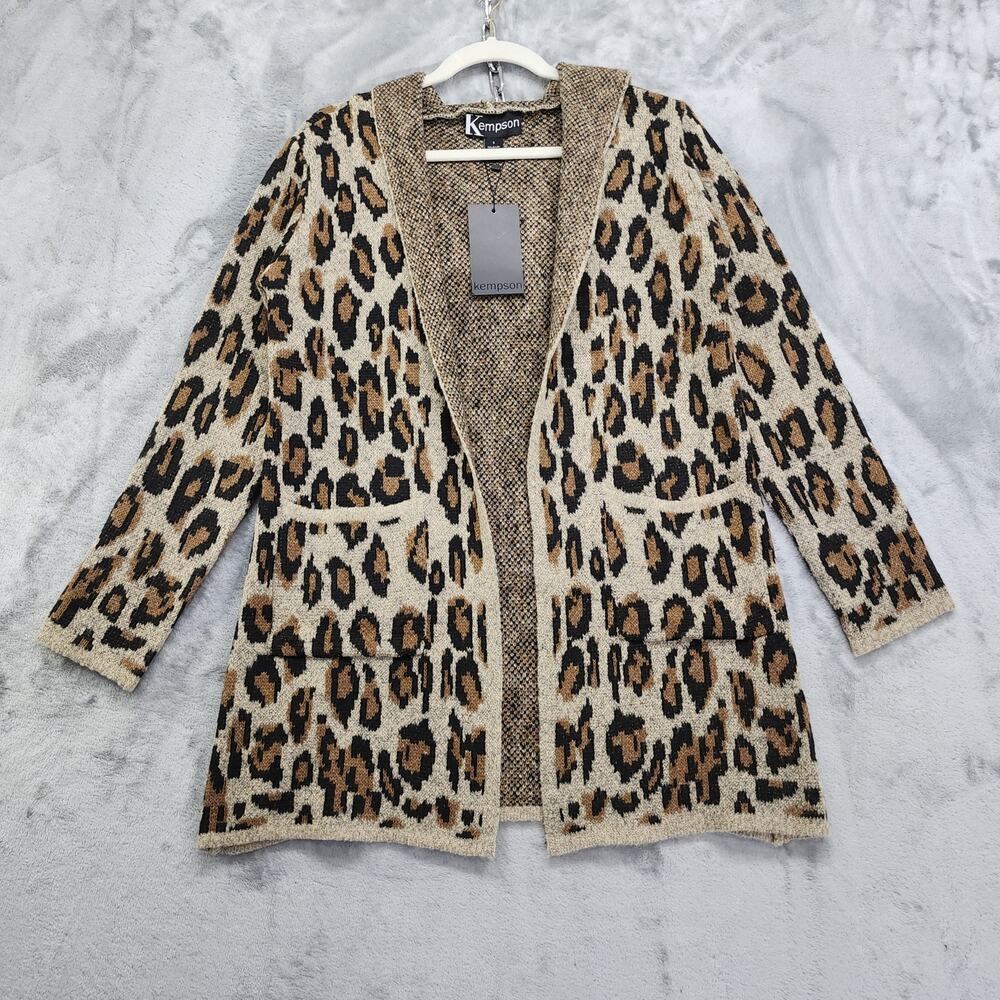 NEW Kempson Sweater Womens S Brown‎ Cheetah Hooded Cardigan Open Front Pockets
